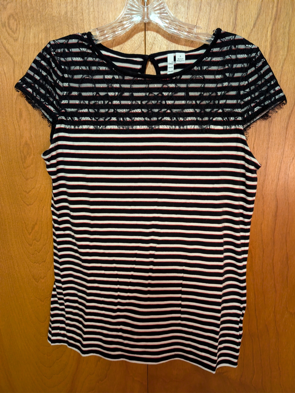 Elle Black & White Striped Top with Lace Yoke